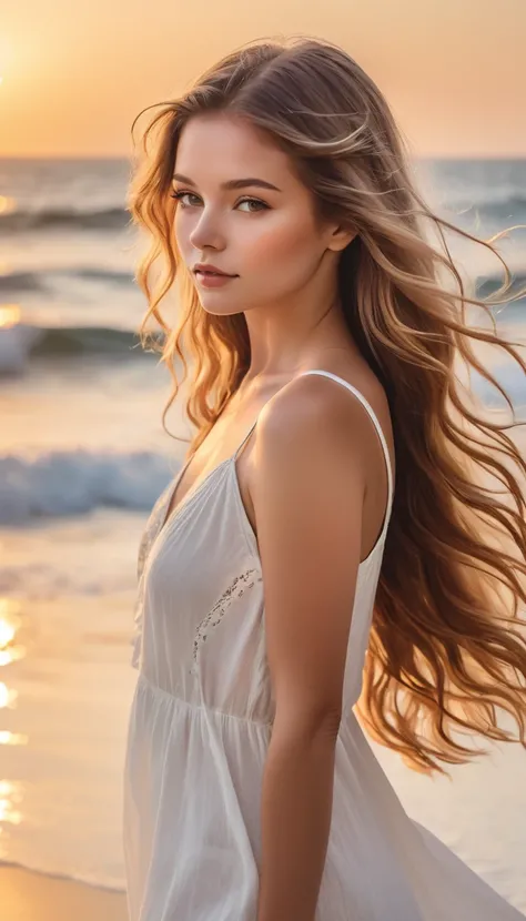 sunset beach, golden hour, closeup portrait photo of a young woman with flowing hair, wearing a white sundress, soft lighting, natural makeup, serene expression, ocean waves in the background

