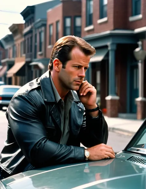 A 30 yo Daredevil Detective [Mel Gibson:Bruce Willis:0.5] Riggs, is scrutinizing his neighborhood, cinematic, professional movie scene, ultra sharp focus, shallow depth of field