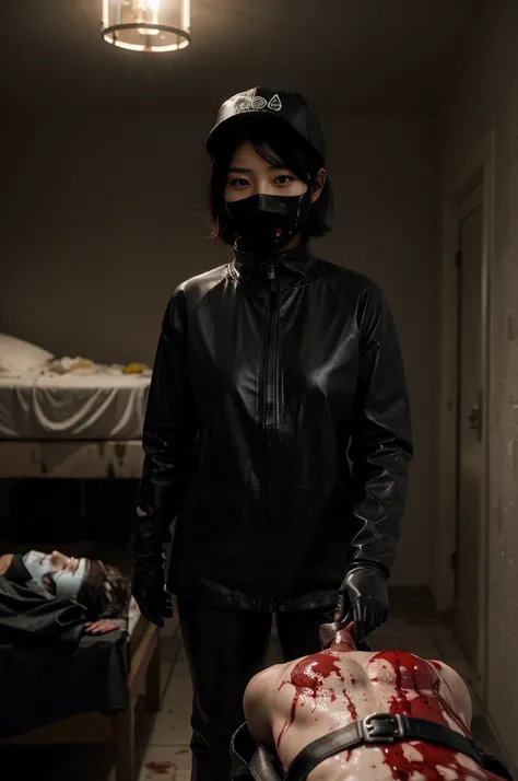 korean girl, (behind corpse, blood splatter), surgical mask, holding knife, stabbing, black raincoat, leather gloves, trucker hat, room full of blood, black wet suit, short hair, holding knife, leather gloves, behind corpse, night, mass murderer, robbery, ...