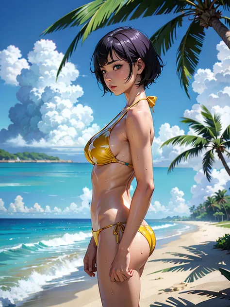 ((highest quality, masterpiece, High resolution)), ((reality)),Photos of beautiful Japanese women,((anime art))、 (((1 girl))), normal size breasts, slim body shape,  medium short hair, double eyelid, Wet see-through bikini,  A pareo with bold ethnic patter...