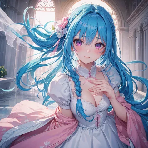 Sky blue hair, (Braided Ponytail),(Pink Eyes),Fair skin ,(whole body),(1 Girl),bride,blush,Straight bangs, 6月のbride,Wedding dress,(masterpiece, Highest quality, Super detailed, Best Shadow), (Detailed Background), (Beautifully detailed face), High Contrast...