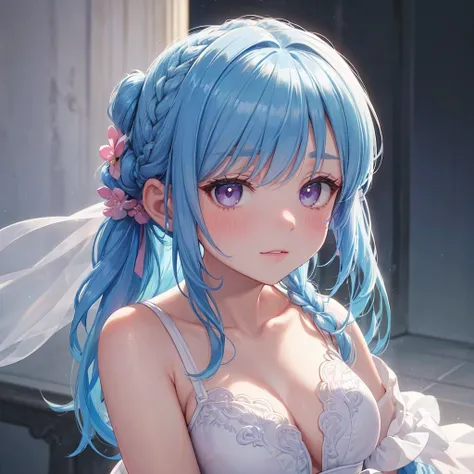 Sky blue hair, (Braided Ponytail),(Pink Eyes),Fair skin ,(whole body),(1 Girl),bride,blush,Straight bangs, 6月のbride,Wedding dress,(masterpiece, Highest quality, Super detailed, Best Shadow), (Detailed Background), (Beautifully detailed face), High Contrast...