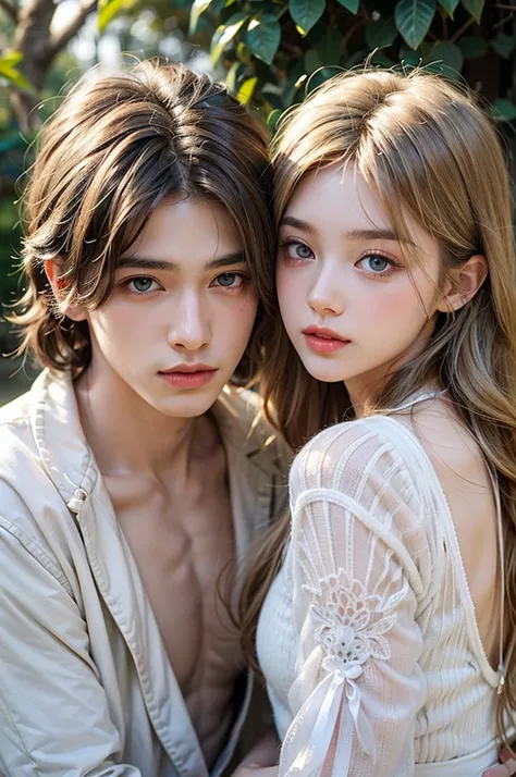 A prince and princess couple, a prince with blue eyes, blond hair and white skin; princess with green eyes, almond-shaped hair and white skin.