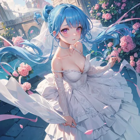 Sky blue hair, (Braided Ponytail),(Pink Eyes),Fair skin ,(whole body),(1 Girl),bride,blush,Straight bangs, 6月のbride,Wedding dress,(masterpiece, Highest quality, Super detailed, Best Shadow), (Detailed Background), (Beautifully detailed face), High Contrast...