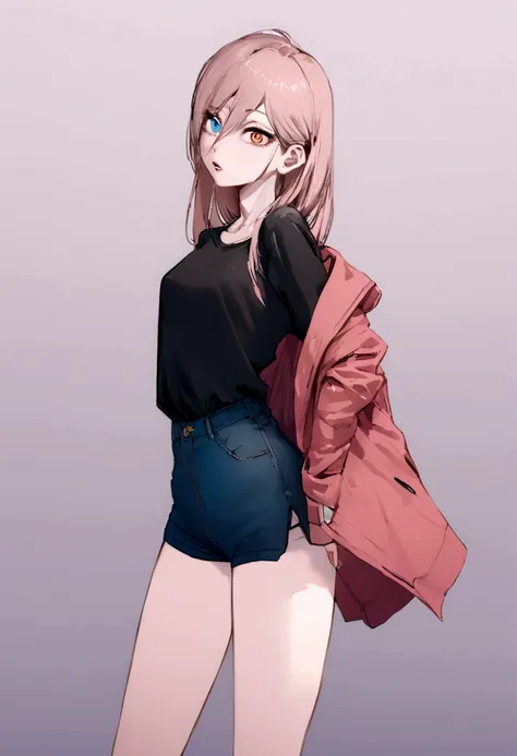 cyberpunk, girl, 1girl, beautiful lady in office black shirt with buttons and shorts, office like longer pink coat, long pink ha...