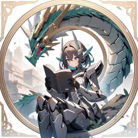 (circle frame1.7),1woman, dragon girl, robot girl, mecha, beautiful detailed sliver dragon armour, reading  book, circle frame,
