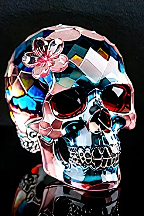 High quality, 8K Ultra HD, The cherry blossom pattern inside the skull is made of transparent glass crystals with geometric surfaces, high detal,ultra-realistic, shimmers with a captivating brilliance.