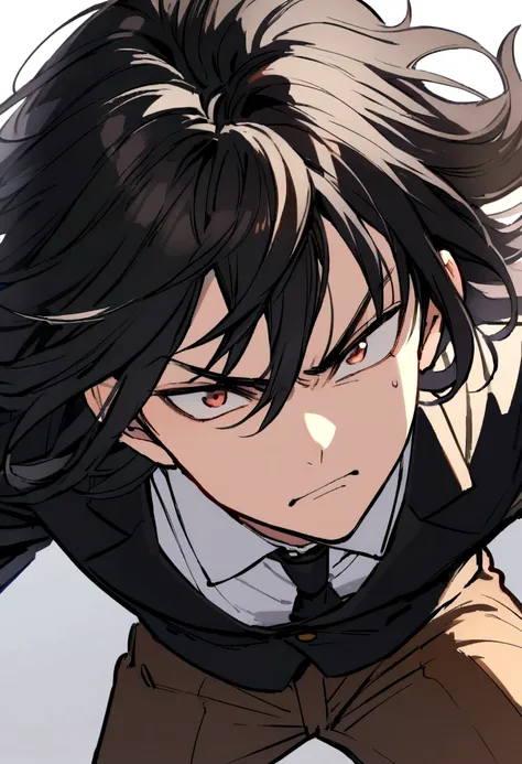 Teenage boy, tidy hair, Medium length hair, Bblack hair, serious face, eyes black, white school shirt, black school jacket, Brown pants, black dress shoes