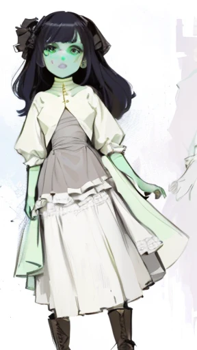 a drawing of a woman in a dress and boots standing, pale young ghost girl, colored sketch, full body concept, full body details, digitally colored, outfit design, clear outfit design, sea - green and white clothes, full body portrait of a short!, clothing ...