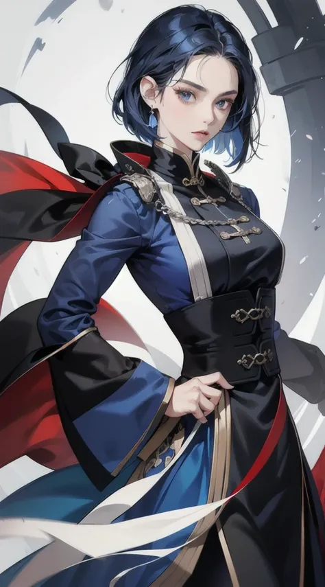 Masterpiece, Best quality, 1 Female, Mature Woman, Elder Sister, young girl, Royal Sister, the expression is cold, strong, blue eyes, wolfcut short hair, smoky mix navy blue color hair, resolute eyes, simple black and white Taoist Taoist uniform, long red ...