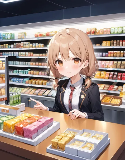 close up face, a ultra detailed cute moe anime, Convenience stores are open 24 hours. a brightly lit store coloring the street even late at night. Inside the store, a variety of products are lined up, and beyond the cash register, you can see the figure of...