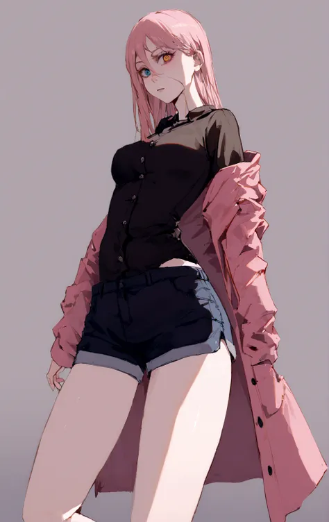 cyberpunk, girl, 1girl, beautiful lady in office black shirt with buttons and shorts, office like longer pink coat, long pink ha...