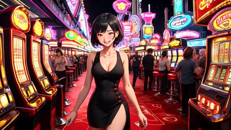 Masterpiece, best quality, 1 dealer girl, alone, look at mobile phone, chest, mature woman, collarbone, Random Hairstyles, cyberpunk, neon light, In the building, Casino, Big wheel of fortune, play mobile phone, black tight dress, depth of field, playful m...