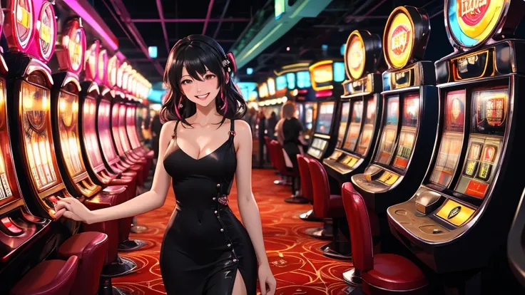 Masterpiece, best quality, 1 dealer girl, alone, look at mobile phone, chest, mature woman, collarbone, Random Hairstyles, cyberpunk, neon light, In the building, Casino, Big wheel of fortune, play mobile phone, black tight dress, depth of field, playful m...