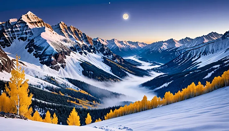 Whispering Peaks A range of snow-capped mountains whispering ancient secrets through the rustling leaves of eternal aspen forests, veiled by ethereal mists that dance in the moonlit valleys.