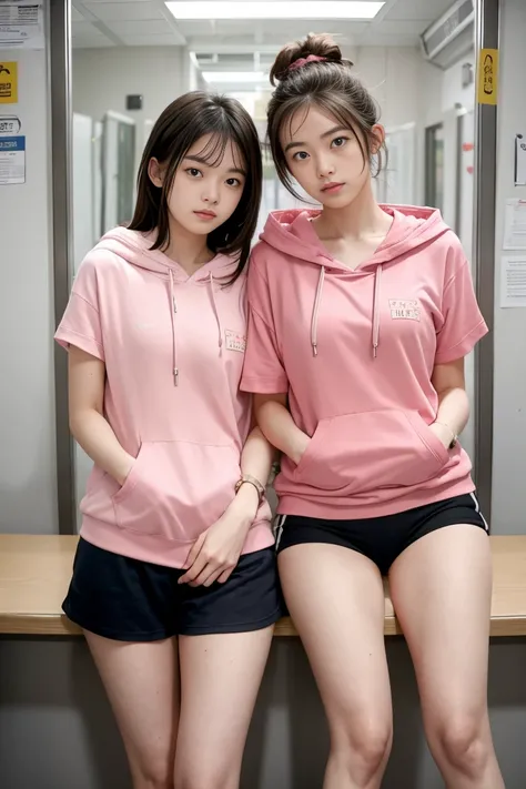 deux femmes ensemble de 18 ans sexy et mince , pink short sleeve hoodie , salle de classe, se touche,position sey,sensuel,visible legs,