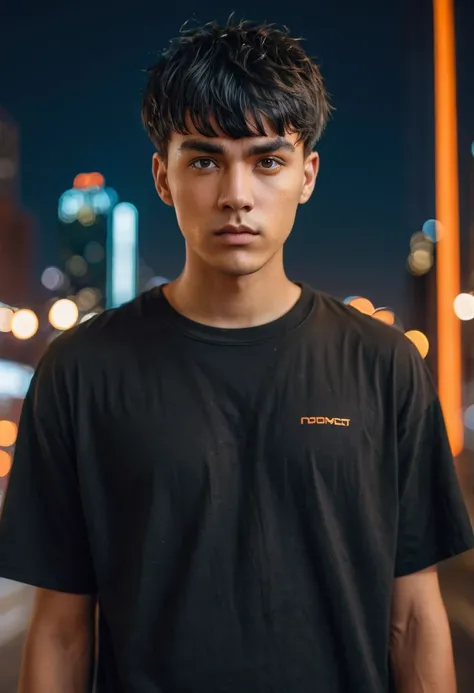 close-up portrait, low angle shot, of a young man with short black hair and messy bangs, medium-toned skin with neutral undertones, serious expression, oval face, wearing an oversized black t-shirt, detailed portrait, futuristic city background with lights...