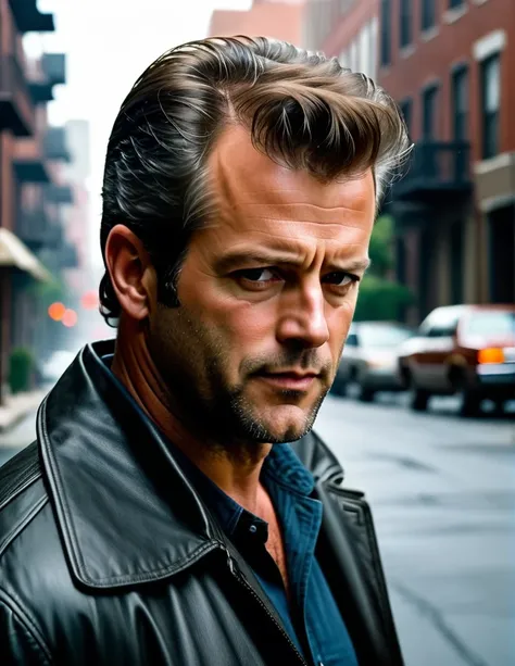 A 30 yo Daredevil Detective [Mel Gibson:Bruce Willis:0.5] Riggs, is scrutinizing his neighborhood, cinematic, professional movie scene, ultra sharp focus, shallow depth of field