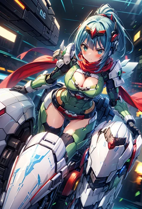 (masterpiece:1.2), best quality, high resolution, extremely detailed CG, absurdres, highres,1girl, solo, (serious:1.3), henshin belt, ((dark_blue_hair)), mecha belt, headgear, (red_scarf), black and green powersuit, white armor, on a cyber motorcycle, thig...