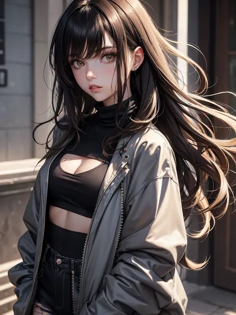 (best quality), 1girl, female, pale skin, (black hair), blonde ombre, medium hair, messy hair, messy bangs, hair over eyes, (brown eyes), perfect eyes, dark circles under eyes, skinny body, flat chest, goth girl, oversized jacket, turtleneck, ripped jeans,...