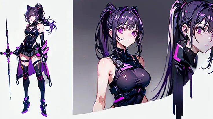 reference sheet, model sheet,(multiple views, [from behind|from side|from front|close-up|upper body|portrait]:1.2),One girl,human, Dark hair with purple strands, Ponytail, purple eyes, black outfit,wearing bulletproof vest,background white, masterclass,ref...