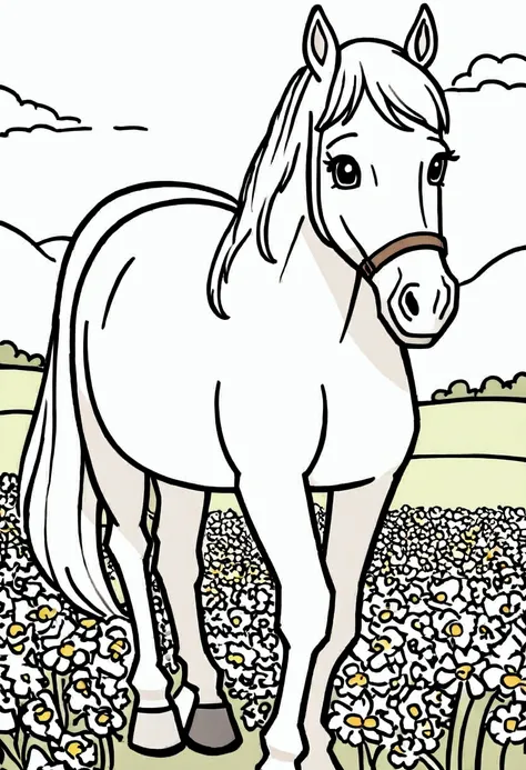 online art, outline only, comic style, a white horse walking through a field of flowers, cartoon style, 