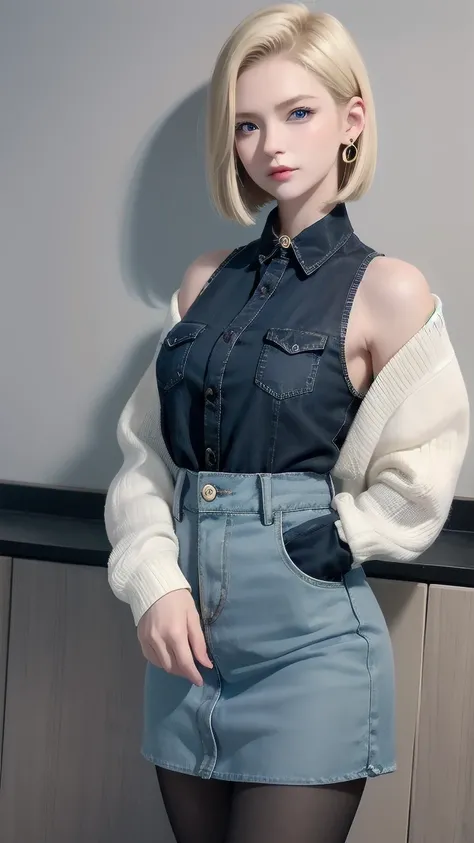 wallpaper，32k，Real shot，Android 18, Blonde hair, blue eyes, eyelash, earrings, short hair, earrings带, Collar，shirt, 胸前的pocket, (Pantyhose), clavicle, denim, denim skirt, Jewelry, Long sleeve, pocket, shirt, shirt tucked in, skirt, stripe, stripe袖子, Vest,
