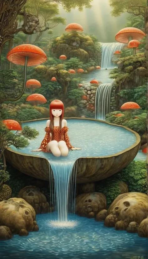 magical, Mysterious and surreal（The fountain），the ultra-detailed, ，Draw beautiful digital illustrations，james r style ，by Amy Sole, author：naoto hattori，yayoi kusama, by Ghibli Studio，NO borders ，