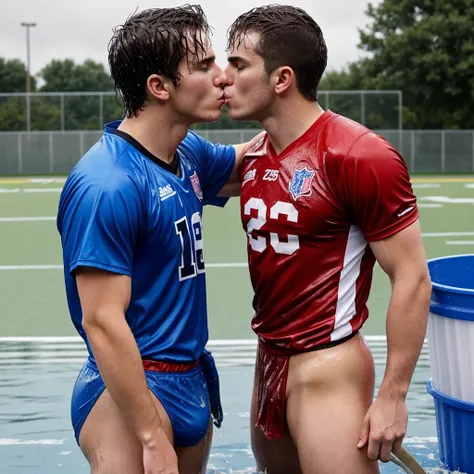 soaked twenty year old me wearing wet football jerseys with soaked hair wearing soaked uniforms. several hockey players in briefs pour buckets of water over them. Wet shirts. Wetlook. Sensual. Kissing. Homosexual