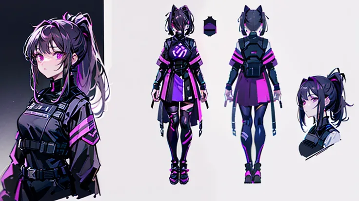 reference sheet, model sheet,(multiple views, [from behind|from side|from front|close-up|upper body|portrait]:1.2),One girl,human, Dark hair with purple strands, Ponytail, purple eyes, black outfit,wearing bulletproof vest,background white, masterclass,mas...