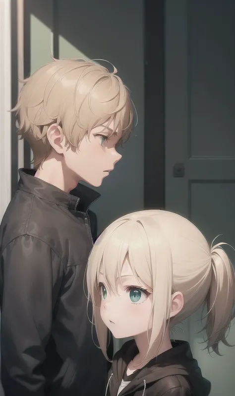 Boy in black jacket,facing a girl in a blue sweatshirt.

The boy light brown hair and green eyes, the blonde haired girl with brown eyes.

The shot that is in profile 