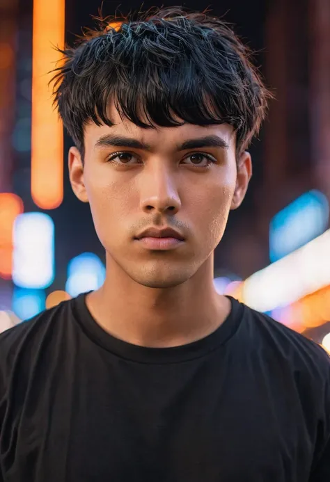 portrait closeup, low angle shot, of a young man with short black hair and messy bangs, medium skin tone with neutral undertones, serious expression, Oval face, dressed in an oversized black t-shirt, detailed portrait, futuristic city background with orang...