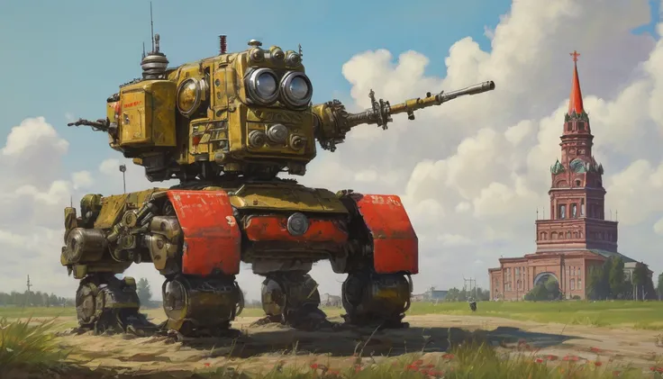 detailed painting of a mech minion in soviet russia, summer