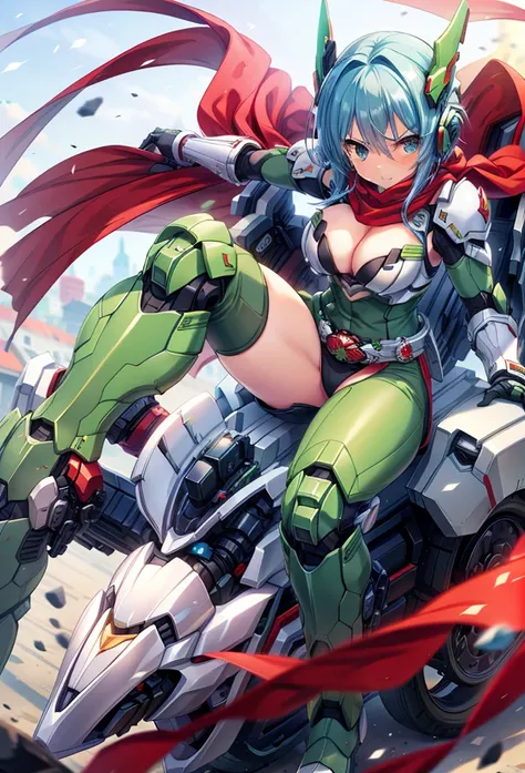 (masterpiece:1.2), best quality, high resolution, extremely detailed CG, absurdres, highres,1girl, solo, (serious:1.3), henshin belt, ((dark_blue_hair)), mecha belt, headgear, (red_scarf), black and green powersuit, white armor, on a cyber motorcycle, thig...