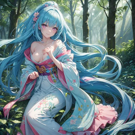 sky Blue hair, (braided ponytail),(pink eyes),fair skin ,(full body),1 girl,smile,white red kimono,Fresh green forest,Forest Goddess,Straight Bangs,(masterpiece, best quality, ultra-detailed, best shadow), (detailed background), (beautiful detailed face), ...