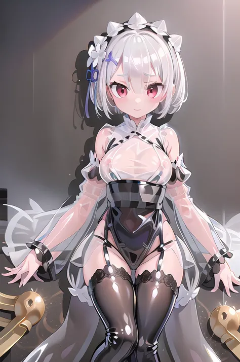 1girl,solo,cowboy shot,standing,(white hair:1.6),(short hair),hair over one eye,ribbon trim, hair ribbon, x hair ornament,(red eyes:1.4),(beautiful fingers:1.4),(perfect anatomy:1.6),(arms_behind_back:1.6),(cold_shoulder:1.2),(gold silk lace glossy lamé ki...