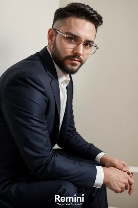 

Transform the image of a man with a beard and dark hair, wearing a dark suit and a white shirt, in a version where he is bald and wearing round glasses. Keep the rest of the features visible, like the beard and the suit, unchanged