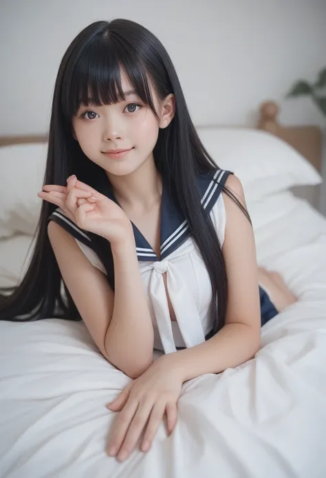 cute,teen,black hair,long hair,straight hair,with bangs,angelic smile,model,full breasts, covering  with hands,on bed,summer sailor suit