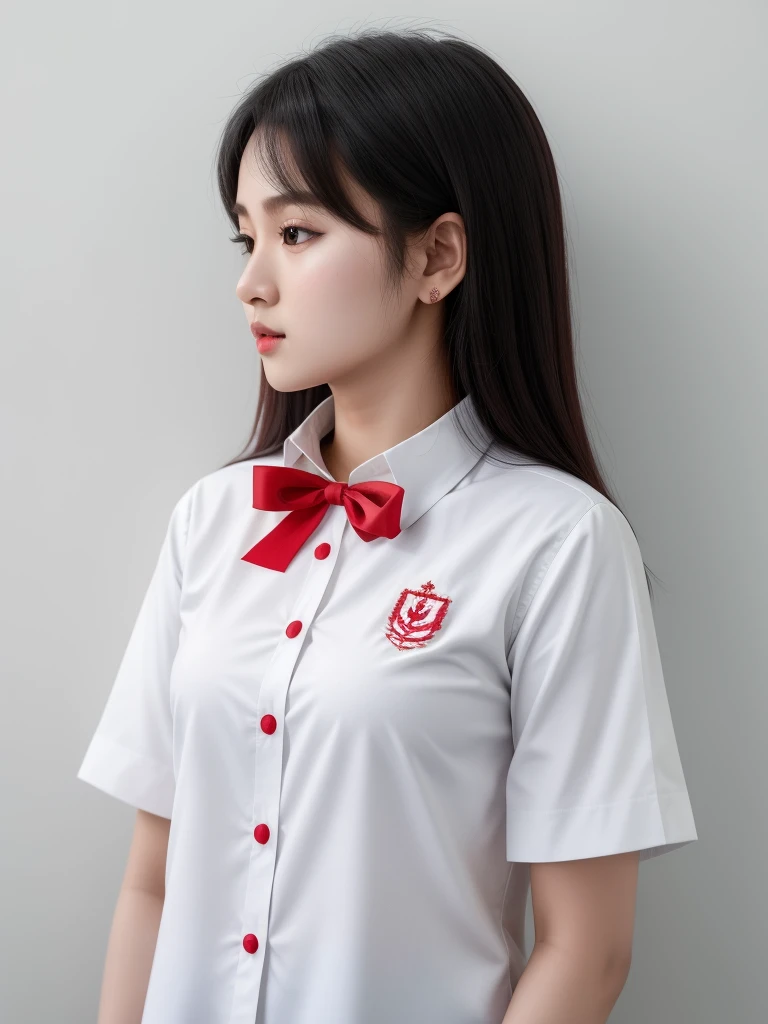 there is a woman in a white shirt with a Red loop on her chest, nivanh chanthara, white ribbon, profile photo 1024px, only with red, Thawan Duchanee, Red loop, wonderful masterpiece, jia, 18 years old, white red, peaceful, July ban, Sakimi-chan, wearing he...