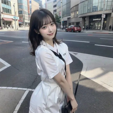 a full body Photo of a Japanese Girl on the Street in Summer. She is 24 years old as known as a member of Japanese Idol Nogizaka46 is smiling faintly. (Documentary photo Style, Digital Photo Medium, Natural Lighting, High Angle)