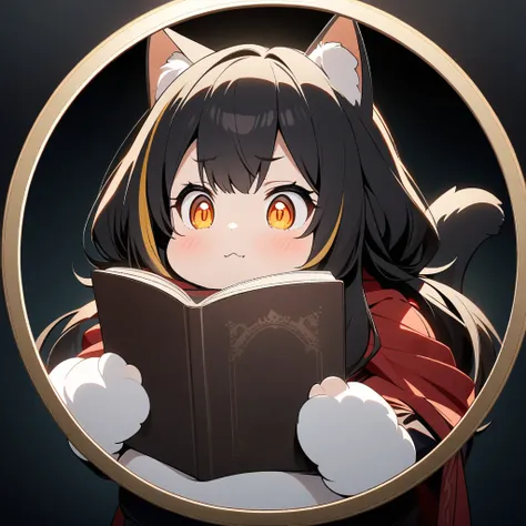 (circle frame1.7),1girl, detailed lighting, rendered, beatiful eyes, expressive eyes, detailed eyes, perfect hair, detailed face and body))), black hair, streaked yellow hair, ((long hair)), orange eyes, cat ears, ((fat fluffy cat tail)) serious, red cape,...