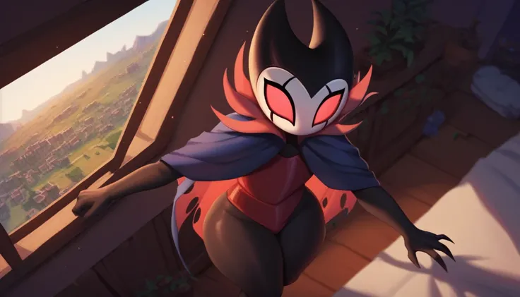 score_9, score_8_up, score_7_up, score_6_up, zPDXL2, grimm (hollow knight), vampire, bat, 1boy, solo, cute face, detailed eyes, anthro, clothed, background, near the window, landscape, looking at the viewer, thick thighs, angle from above, highlight thighs...