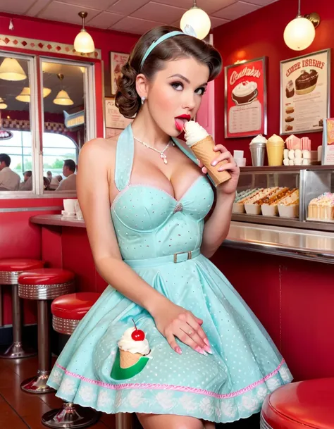 a beautiful girl in a retro 1950s style dress, sitting in a vibrant 1950s ice cream parlor, surrounded by classic desserts such ...