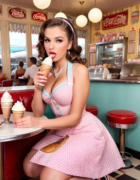 a beautiful girl in a retro 1950s style dress, sitting in a vibrant 1950s ice cream parlor, surrounded by classic desserts such ...