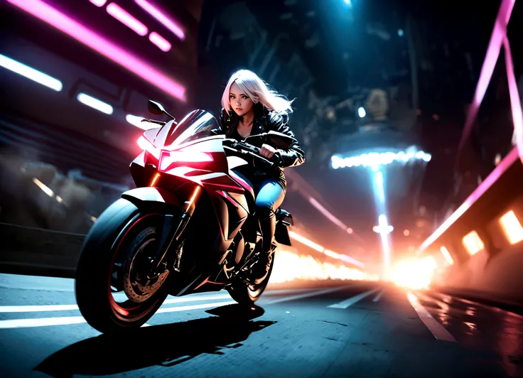 A beautiful woman with long white hair, riding a motorcycle, detailed face, cinematic lighting, highly detailed, photorealistic, 8k, hyper detailed, realistic, sharp focus, studio lighting, leather jacket, dramatic angles, motion blur, cinematic compositio...