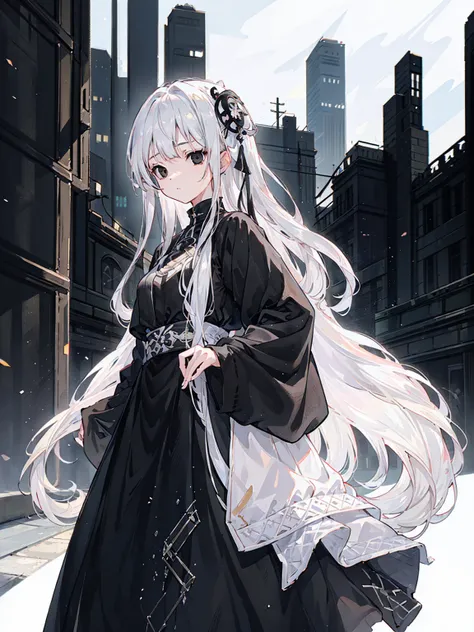 (Top image quality)、(Ultra Detailed)、(Facing forward)、top quality、masterpiece、(((1 girl)))、Silver Hair、white hair、((Long hair))、(black eyes:1.6)