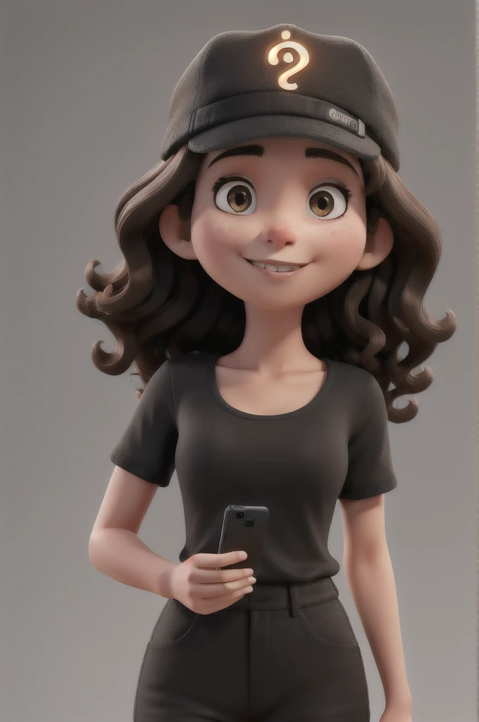 A brunette woman with curly hair wearing a black cap and written Thai on the front holding an iPhone with soft lighting on a white background looking straight brunette 8k 3D