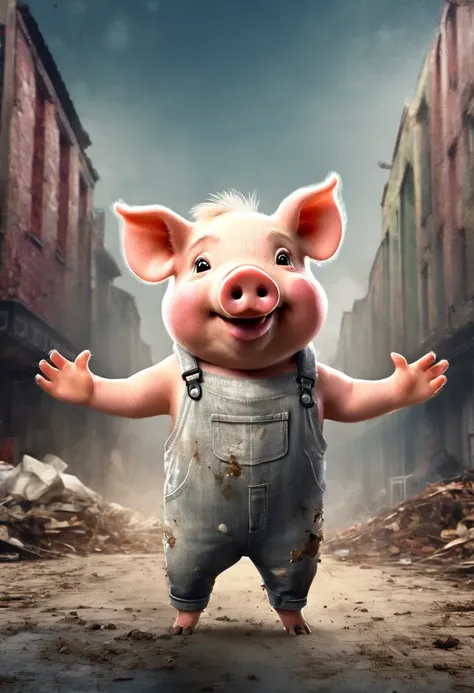 cute piggy, cartoon,arms, hands ,cute eyes, big pig ears,looking at viewer, arms up, dirty effects, particles, random, dirty bac...