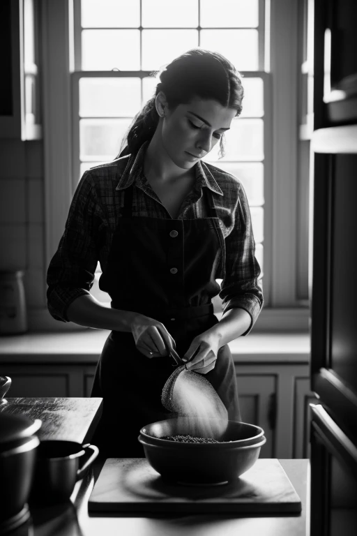 Medium Shot, black and white, (Scarlett Emerson seasoning a dish, intent expression), moody lighting, (inside a small, cozy kitchen, vintage decor, window light), (50mm lens, Leica M10 Monochrom, classic details, professional, documentary photography, tren...