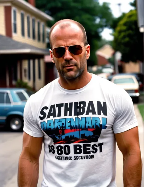 A 30 yo Daredevil Detective [Jason Statham:Bruce Willis:0.5] Riggs, wearing T-Shirt with "80s is the BEST" text on it, is scrutinizing his neighborhood, cinematic, professional movie scene, ultra sharp focus, shallow depth of field